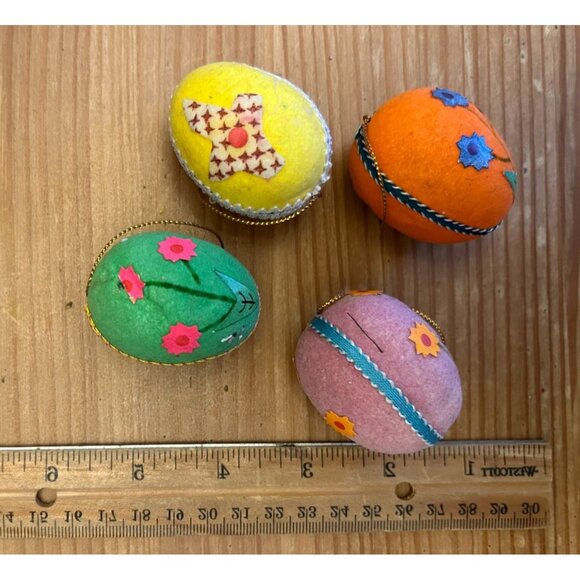 Vintage Lot of 4 Small Handmade Decorated Retro Fabric Easter Egg Ornaments - Picture 2 of 3